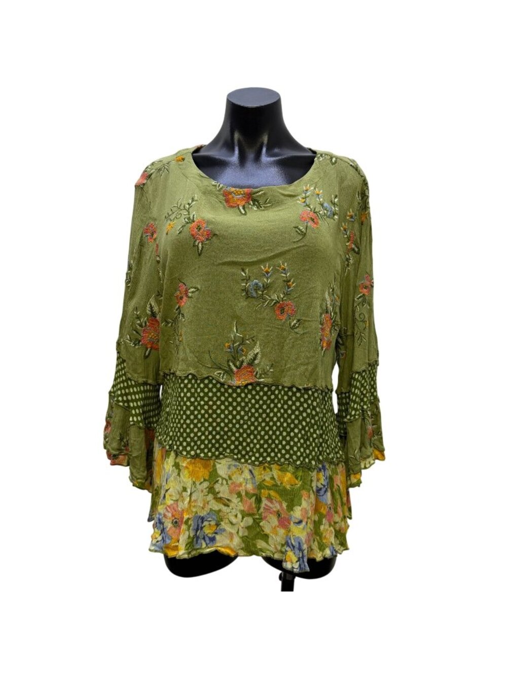 John Mark Green Patchwork Floral Boho Blouse 1X